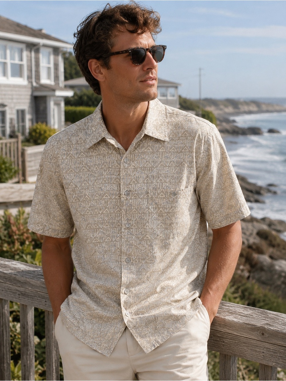 Vintage Pierre Cardin Geometric Print Cotton Button-Up Camp Shirt Medium Beige